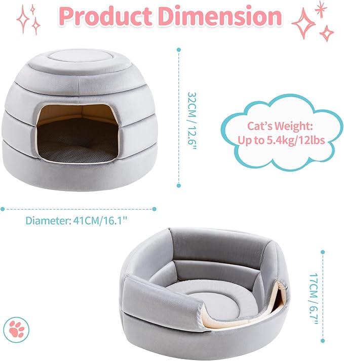 Made4Pets Cat Bed and House, 2-in-1 Foldable Cat Houses for Indoor Cats, Soft Velvet Cat Cave, Removable and Washable Cushion, Cat Condo for All-Season Comfort and Style