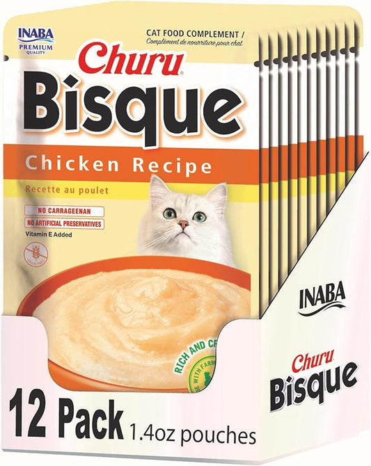 INABA Churu Bisque for Cats, Creamy Lickable Purée Side Dish with Vitamin E, 1.4 Ounces per Pouch, 12 Pouches, Chicken Recipe