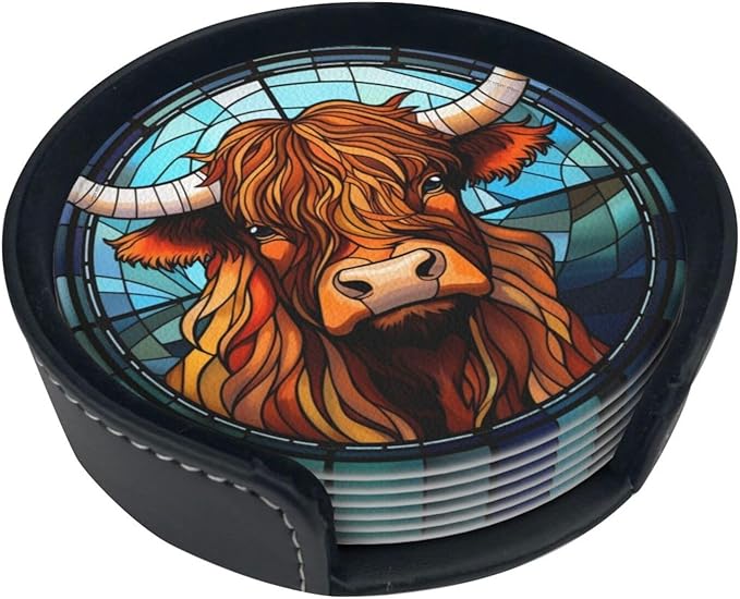 Highland Cow Drink Coaster Set of 6, Highland Cow Decor Gifts, Leather Drink Coasters with Holder, 6 Pack Cup/Bar/Drink Coasters for Table/Drinks/Coffee Protection Housewarming Gift
