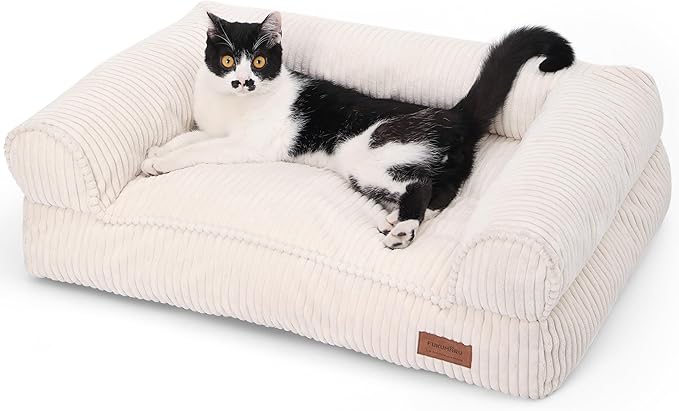 FUKUMARU Cat Couch Bed, Corduroy Cozy Cat Bed for Indoor Cats with Removable Washable Cover, Supportive Anti-Slip Dog Beds Sofa for Small Dogs Cute, 27inch, Medium, Cream