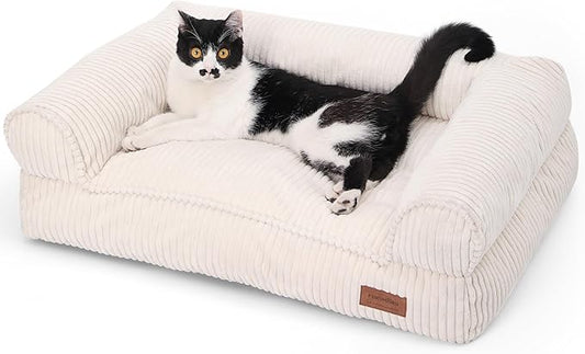FUKUMARU Cat Couch Bed, Corduroy Cozy Cat Bed for Indoor Cats with Removable Washable Cover, Supportive Anti-Slip Dog Beds Sofa for Small Dogs Cute, 27inch, Medium, Cream