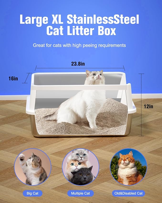 2PACK Stainless Steel Litter Box, Metal Litter Box with Lid High Sides, XL Extra Large Litter Box for Big Cats, Never Absorbs Odors, Leak-Proof, Stain-Free, Easy to Clean, Scoop Included（White）