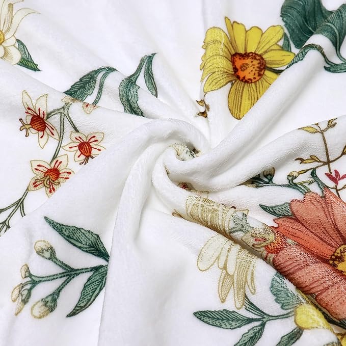 Floral Flower Throw Blanket Bee Flannel Fleece Throw Blanket Botanical Plant Cozy Fuzzy Plush Throw Blankets for Bed Chair Couch 60" X 80"