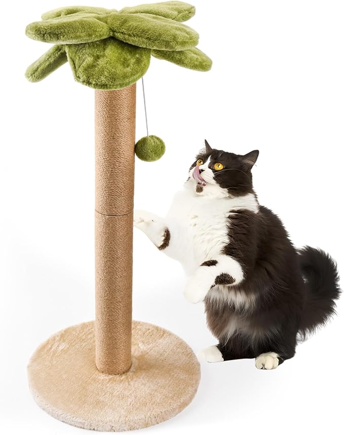 Palm Tree Cat Scratching Post, Sturdy 34 inches Tall Sisal Scratch Post with Interactive Dangling Ball, Cute Cat Scratcher for Indoor Adult Cats