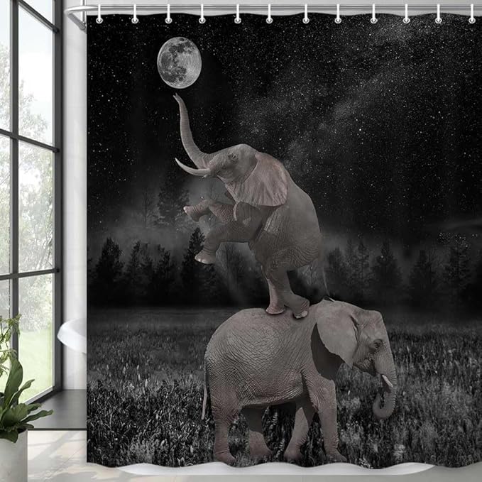 Boziqr Funny Shower Curtains for Bathroom, Cute Elephant Moon Forest Bath Curtain, Rustic Farmhouse Decor Polyester Fabric Fun Cool Animals Black 70 x 84 Inches