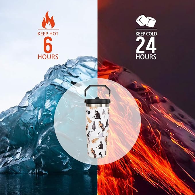 30oz Cat Tumbler with Handle and Straw, Stainless Steel Vacuum Insulated Flip Straw 30 oz Coffee Tumbler, Spill Proof Travel Mug, Cat Decor Gifts for Women