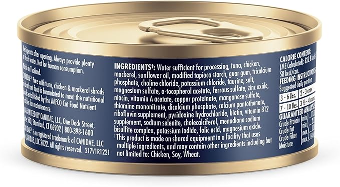 Canidae Adore Premium Wet Cat Food, Shreds with Tuna, Chicken and Mackerel in Broth, 2.46 Ounce (Pack of 24), Grain Free
