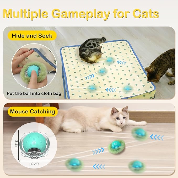 Interactive Cat Toys, Fast Rolling Ball in Play Mat, Motion Activated Cat Toys for Indoor Cats, Hide and Seek Game, Electric Cat Mouse Toy