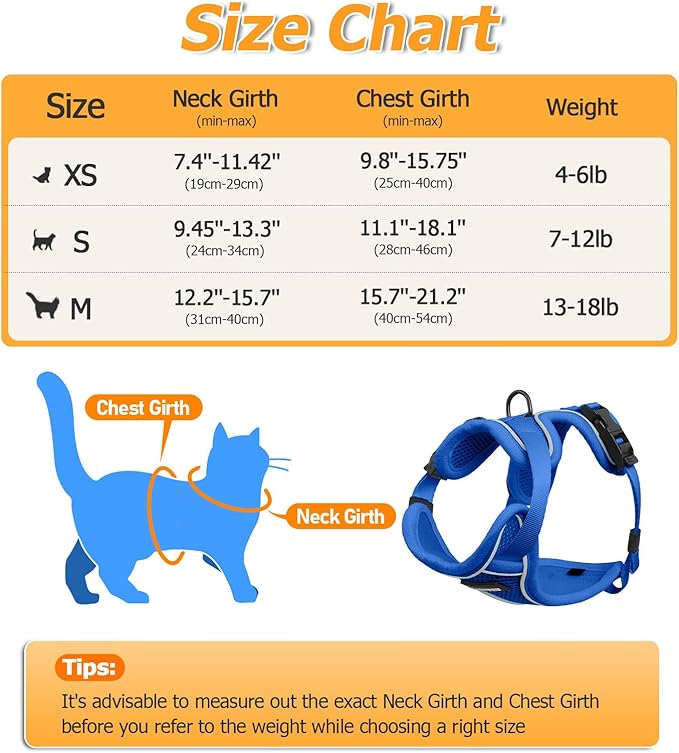 Halypet Cat Harness and Leash Set [MAX Safety 4th-Gen Upgrade] Escape Proof Adjustable Cat Leash Comfortable Soft Vest Easy to Wear Kitten Harness with Reflective Strip for Cats Walking, M Blue