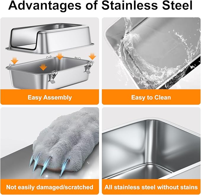 12" Deep Stainless Steel Cat Litter Box with Lid,XL Enclosed Cat Litter Box,Metal Litter Box Easy to Clean,Non-Stick Kitty Litter Box,Non-Stick Bottom & Includes Litter Mat & Metal Scoop