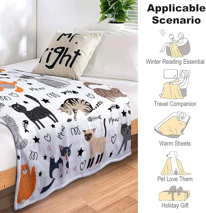 Cute Cat Blanket Animals Pet Pattern Gifts for Cat Lovers Soft Lightweight Flannel Throw Blankets for Kids Adults 60"x50"