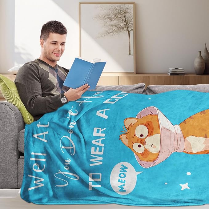 Get Well Gifts for Women After Surgery, Get Well Soon Blanket 50"X60", Funny Feel Better Sympathy Recovery Gifts for Women, at Least You Dont Have to Wear A Cone Throw Blanket, Blue Cat