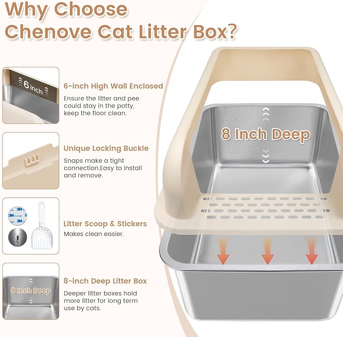 8" Deep Stainless Steel Litter Box with 49L Litter Capacity, Extra Large High Sided Cat Litter Box with Lid, Stainless Steel Cat Litter Box for Big Multiple Cats, Metal Cat Litter Pan Tray, Easy Clean