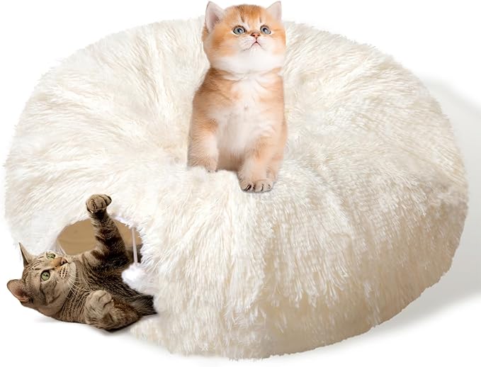 Cat Tunnel Bed for Indoor Cats, Peekaboo Cat Cave with Washable Soft Play Mat, Furry Cat Tube, for Kitten/Puppy/Rabbit, Beige