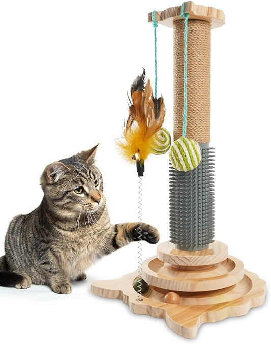 TONY HOBY Cat Scratching Post, Sisal Scratching Poles with 2 Hanging Balls, Cat Interactive Toy with Tickle Stick for Small Medium Cat (18 in, Beige)