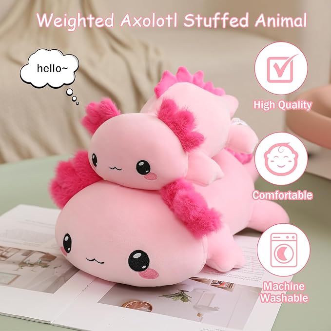 SQEQE Weighted Axolotl Plush, Weighted Axolotl Stuffed Animal, Cute Plushies Soft Pink Pillow Toy Gift for Kids Adults 23.6 Inch, 3.1 Lbs