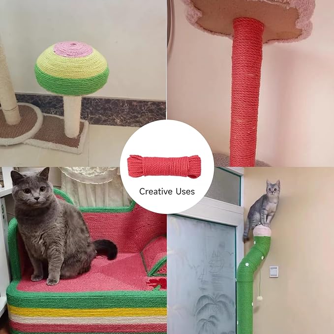 Multicolor Natural Hemp Rope, Cat Scratching Posts Replacement Rope,Repair and Replace Scratching Post cat Tree, 1/4" Rope DIY Cat Jute Twine,Come with a Play Ball.(65FT, Red)