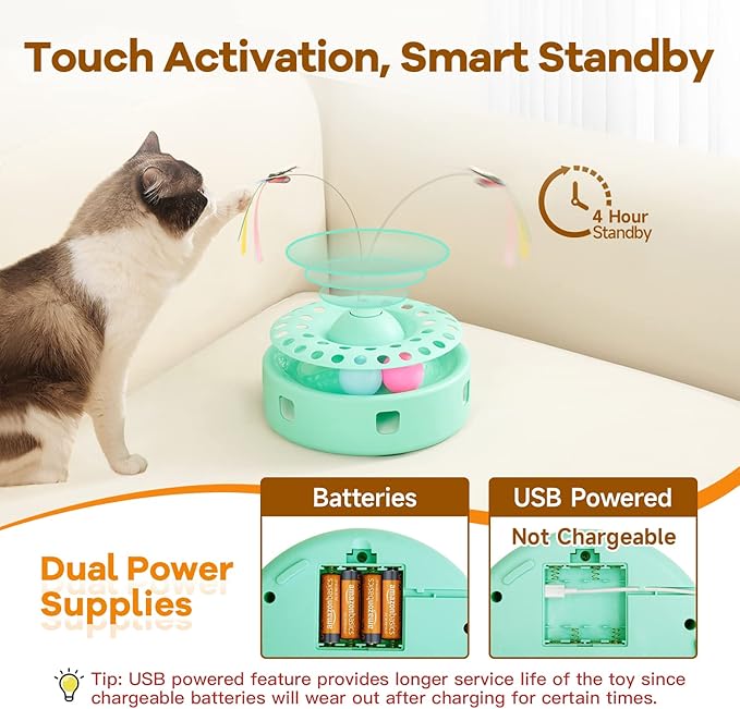 Potaroma Cat Toys 3-in-1 Automatic Interactive Kitten Toy, Fluttering Butterfly, Random Moving Ambush Feather, Track Balls, Dual Power Supplies, USB Powered, Indoor Exercise Cat Kicker (Green)