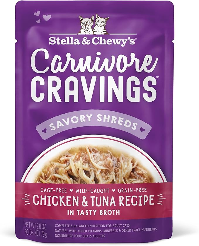 Stella & Chewy's Carnivore Cravings Wet Cat Food Pouches – Grain Free, Protein Rich Meal, Topper or Treat – Chicken & Tuna Recipe (2.8 Ounce Pouches, Case of 24)