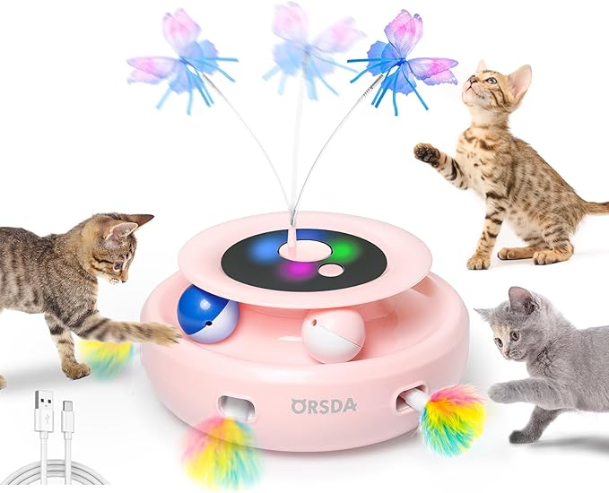 ORSDA Cat Toy, 3-in-1 Automatic Cat Toys for Indoor Cats, Electronic Whack a Mole, Fluttering Butterfly,Track Balls Kitten Toy, Rechargeable Power Interactive Feather Toys for All Breeds