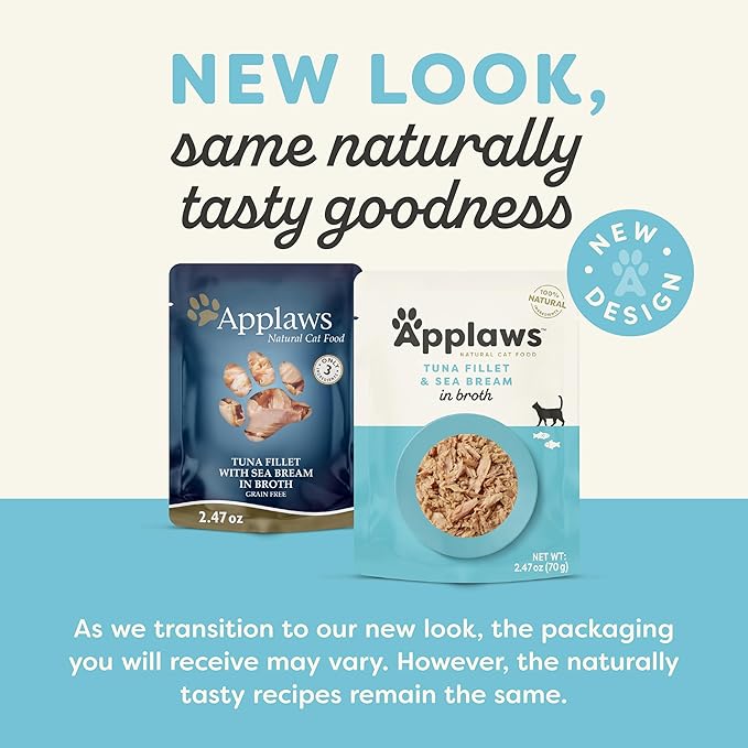 Applaws Natural Wet Cat Food in Broth, Limited Ingredient Wet Cat Food Pouches, No Additives, Made with Natural Ingredients, Tuna Seabream in Broth (12 x 2.47oz Pouches)