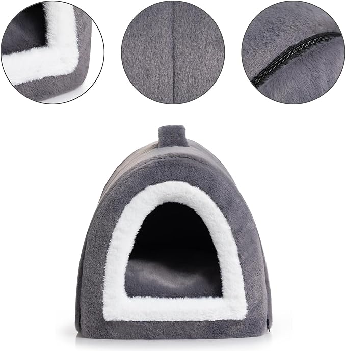 Hollypet Fluffy Cat Bed, 2 in 1 Foldable Cave House Animal Shaped Nest Pet Sleeping Bed, Deep Gray