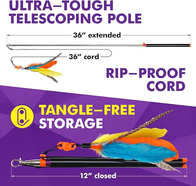 Snatch - Magnetic Cat Wand Toy - Telescoping, Durable Cat Feather Toy - Cat Fishing Pole Toy - Teaser Wand String Toy - Heavy Duty Cat Stick Toy - Cats Can Really Catch!