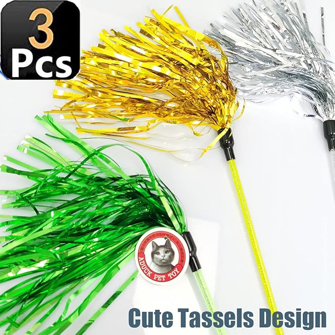 ADUCK Cat Toys Interactive Teaser Wand Toy with Tassels Worms Catcher for Cats Kitten (Pack of 3 Gold + Silver + Green)