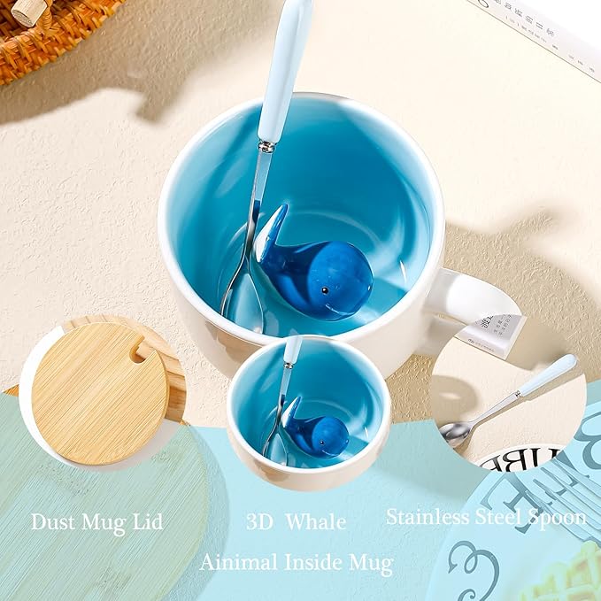 BigNoseDeer Whale Mug Cute Mugs with 3D Ceramic Whale Inside Kawaii Blue Whale Coffee Mug with Lid and Spoon Coffee Cups Tea Cups Cute Ctuff and Cute Gifts Birthday Gifts for Women 13.5oz