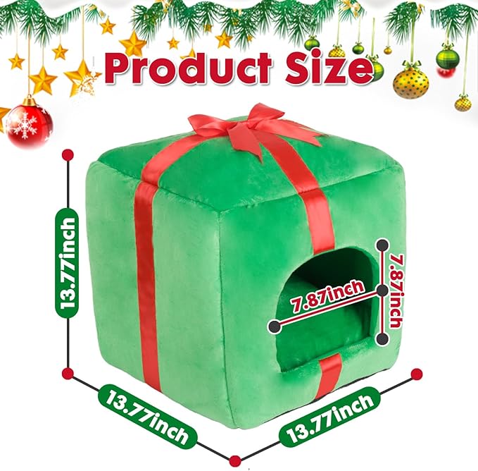 ShellKingdom Christmas Cat House, Cat Cave, Cute Shape Cat Beds for Indoor Cats, Xmas Gift Box Cat Cube with Bed Cushion for Small Pet, 13.77 X 13.77 INCHES (Gift Box Shape)