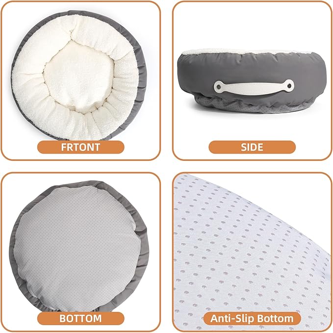 Cat Beds for Indoor Cats, 23 Inch Dog Bed for Small Melium Dogs, Washable Cat Cushion Bed with Slip-Resistant Bottom and Portable Handle (Gray)