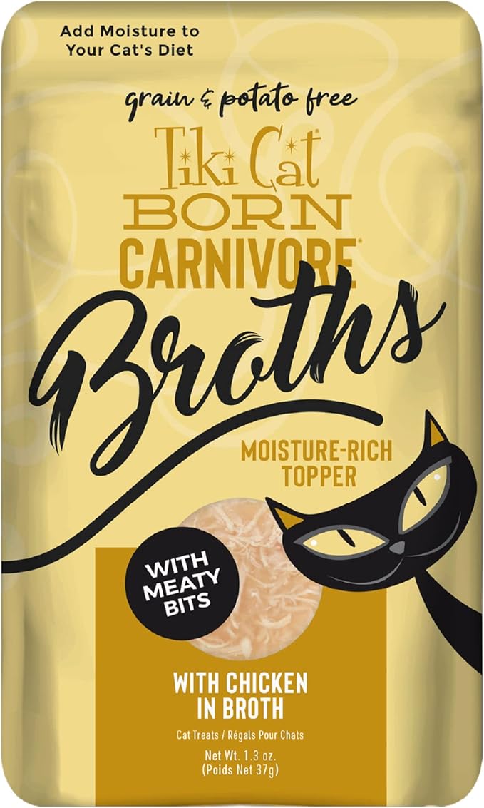 Tiki Cat Born Carnivore Broths, Chicken Recipe, Hydration and Flavor Supplement Cat Food Topper, 1.3 oz. Pouch (Pack of 12)