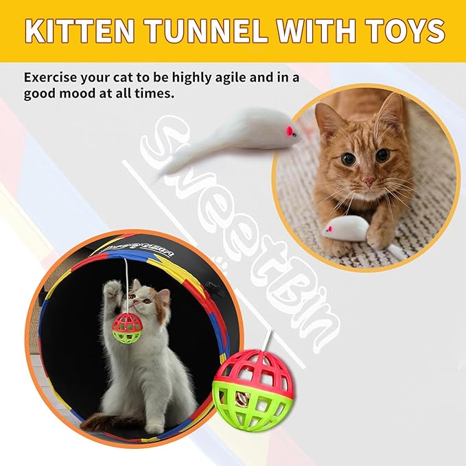 4 Way Large Cat Tunnels for Indoor Cats - 10" Diameter & 47" Long Cat Play Tunnel Toy - Cat Tube with Play Ball & Mouse Toy - Interactive Peephole (Black)