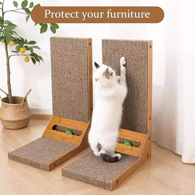 Pawfect L Shape Cat Scratcher with Bell 23.6 Inch Scratching Board with Box Cat Scratching Cardboard with Bell Ball Toy for Indoor Cats