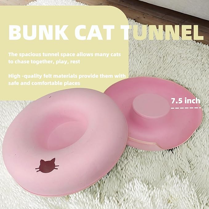 Donut Cat Tunnel Bed Peekaboo Cat Cave for Large Cats Up to 30 Lbs, Kitty Interactive Playing Tent House for Multiple Cats,Detachable,Scratch Resistant (Pink, Large - 24 Inch Diameter)