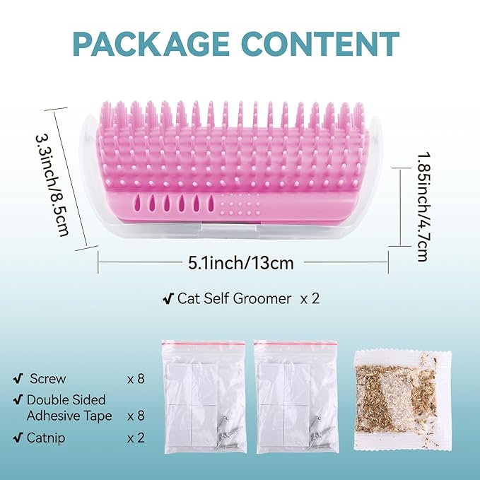 2Packs Cat Self Groomer, Cat Wall Corner Scratcher with Catnip, Soft Cat Brushes, Self Grooming Cats Brush Wall Corner Massager Combs for Long Short Fur Kitten Indoor Cats (Pink)