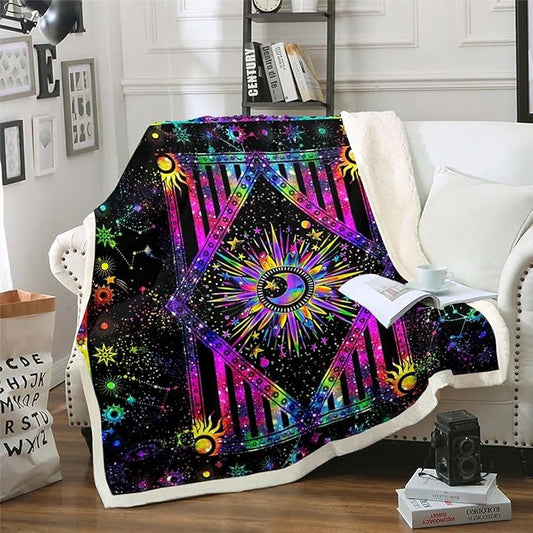Sun and Moon Rainbow Tie Dye Sherpa Blanket - Psychedelic Hippie Trippy Galaxy Celestial Astrology Zodiac Constellation Throw Blanket - Soft Queen Size