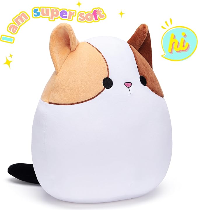 Original 12.5-inch Large Calico Cat Plush Pillow Stuffed Animal Toy,Big Size Cute Soft Fat Hugging Cuddle Huggable Plushie,Gift for Kids