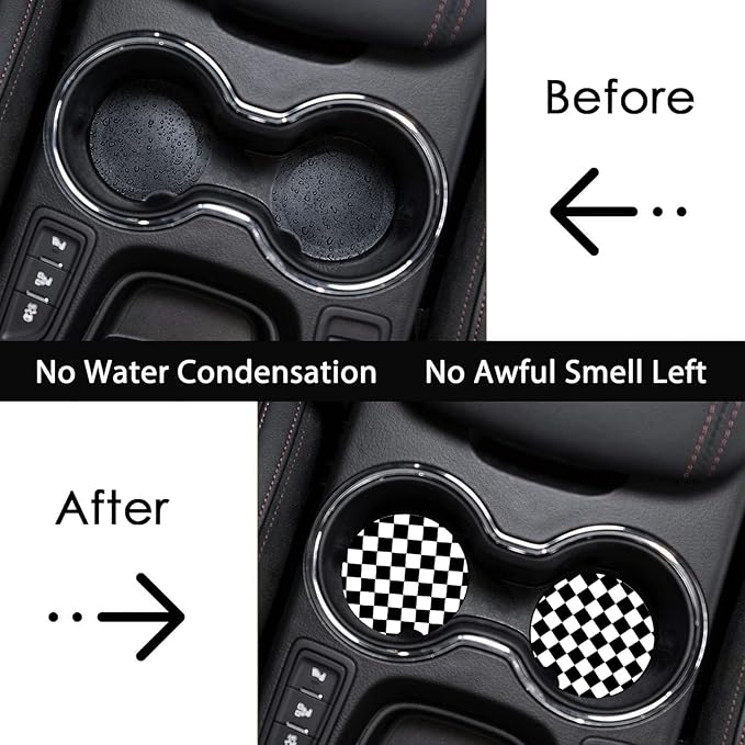Car Coasters for Cup Holders,2 Pack Black and White Lattice Car Coasters,2.75" Universal Size Anti Slip Rubber Mat,Automotive Cup Holder Decal Decor Accessories,Gifts for Women,Men,Mom