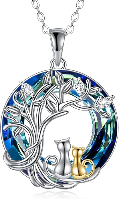 925 Sterling Silver Moon Black Cat Necklace for Women - Tree of Life Jewelry with Abalone Stone - Cat Lover Birthday Gift