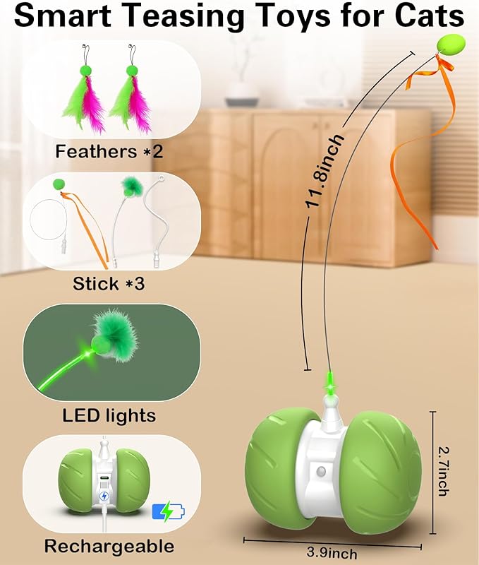 Interactive Cat Toys for Indoor Cats, Motion Activated Cat Toys, Automatic Cat Toy with Extra Long Feather Wand, Cat Mouse Toys, USB Rechargeable (Green)