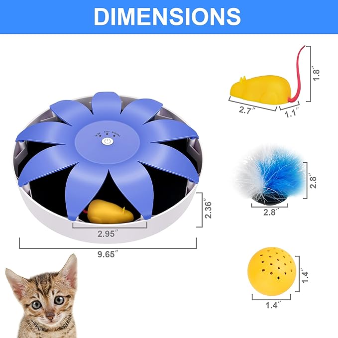 FluffyDream Automatic Electric Magnetic Spinning Cat Toys, Interactive, Rotation Cat Exercise Teaser Toy with Emulational Mouse, Fluffy Tails, Toys for Indoor Cats, Pets, 9.65” x 9.65” x 2.36”, Blue