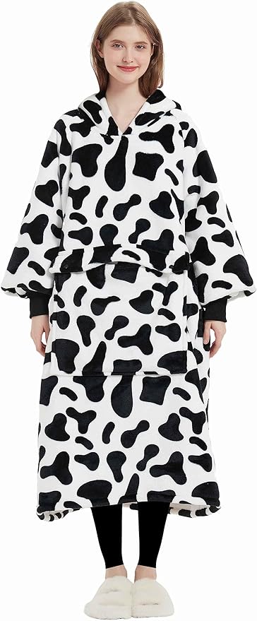 KFUBUO Wearable Blanket Hoodie for Adult Long Sherpa All Patterns Cow Oversized Hoodie Sweatshirt Blanket Cute Birthday Gifts for Women