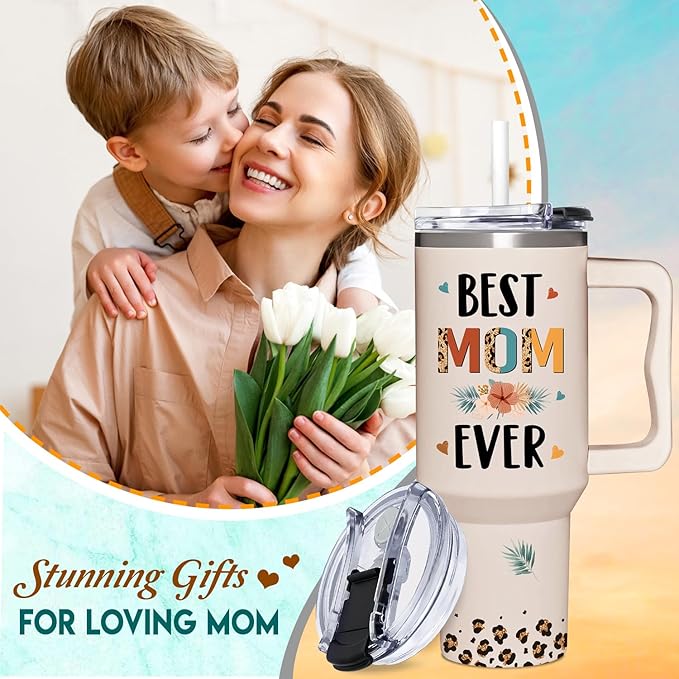 Best Mom Ever Gifts - Christmas Gifts For Mom From Daughter, Son - Birthday, Mothers Day, Christmas Presents For Mama - New Moms Gift For Women - 40oz Tumbler With Handle Straw