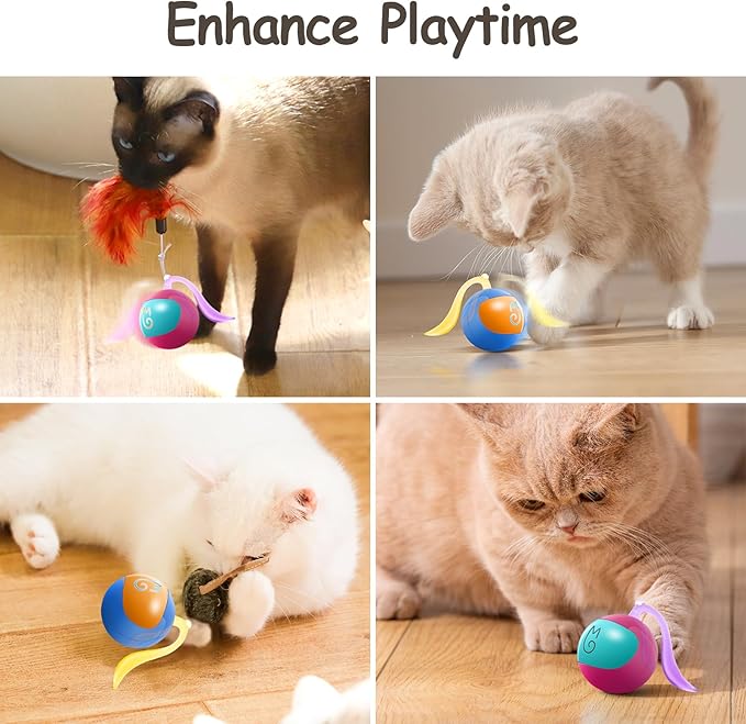 Migipaws Interactive Cat Ball Toy Set, Fun Tracker, Automatic Rolling Chase Ball with Fluffy Tail, A Small Mice, Rechargeable（Rose）