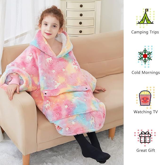 Glow in The Dark Wearable Blanket Hoodie for Kids Sherpa Patterns Oversized Sweatshirt Blanket with Pocket 6-10 Year Old Girl Birthday Gifts Rainbow