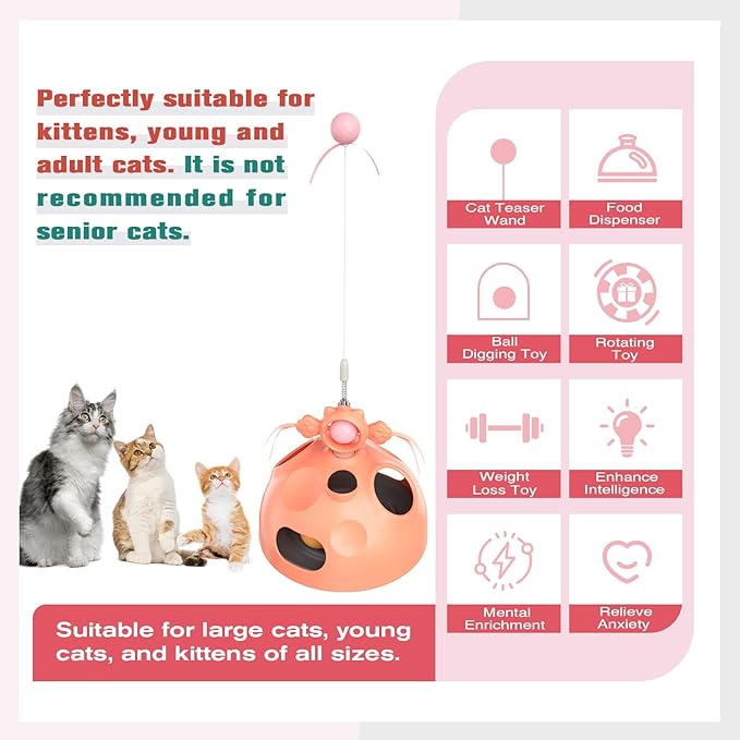 Zaabaaziba Interactive Cat Toys Multifunctional, Track Balls, Kitten Toy for Indoor, High-Elasticity Cat Teaser Wand, Multi-Cat Households, All Cat Breeds, Slow Feeder Toy Pink