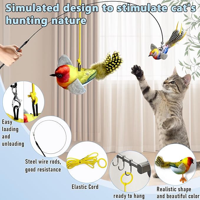 Cat Toys, Interactive Cat Toys Set, Simulated Bird Sound Interactive Feather Toys, Bird Cat Toys for Indoor Cats Teaser Play and Chase Exercise