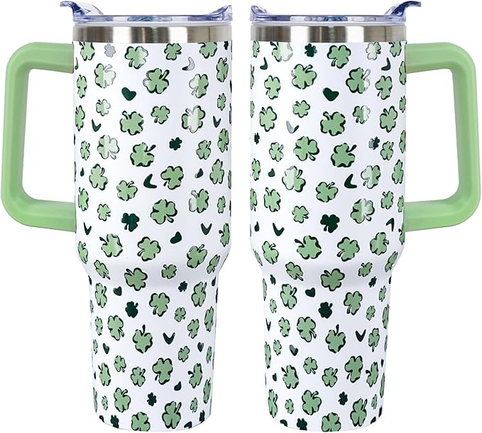 40 Oz St Patricks Day Tumbler 3d-Printed Green Irish Shamrocks Tumbler Clover Gifts for Women Men Insulated Travel Cup with Handle Lid and Straw
