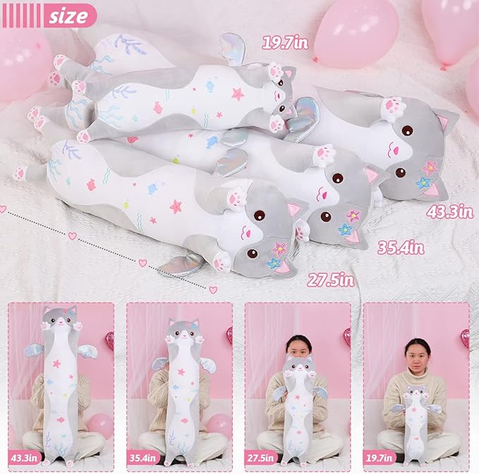 AIXINI Long Cat Plush Pillow Cartoon Cute Gray Cat Stuffed Animals, Soft Kawaii Kitten Plushies Pillow Toy for Kids (Gray,35.4inch)